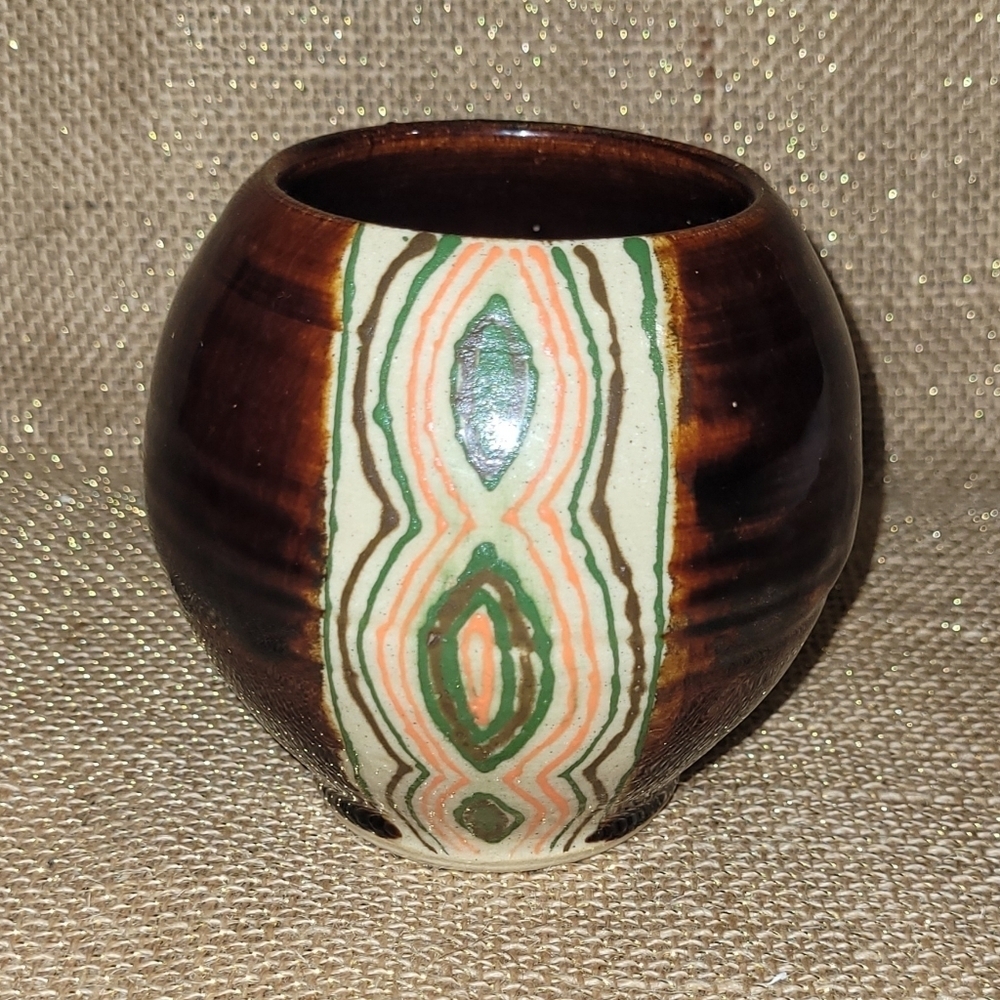 Handmade Art Deco Pottery Vase Planter Cachepot Brown w Green & Orange Design - Picture 3 of 6